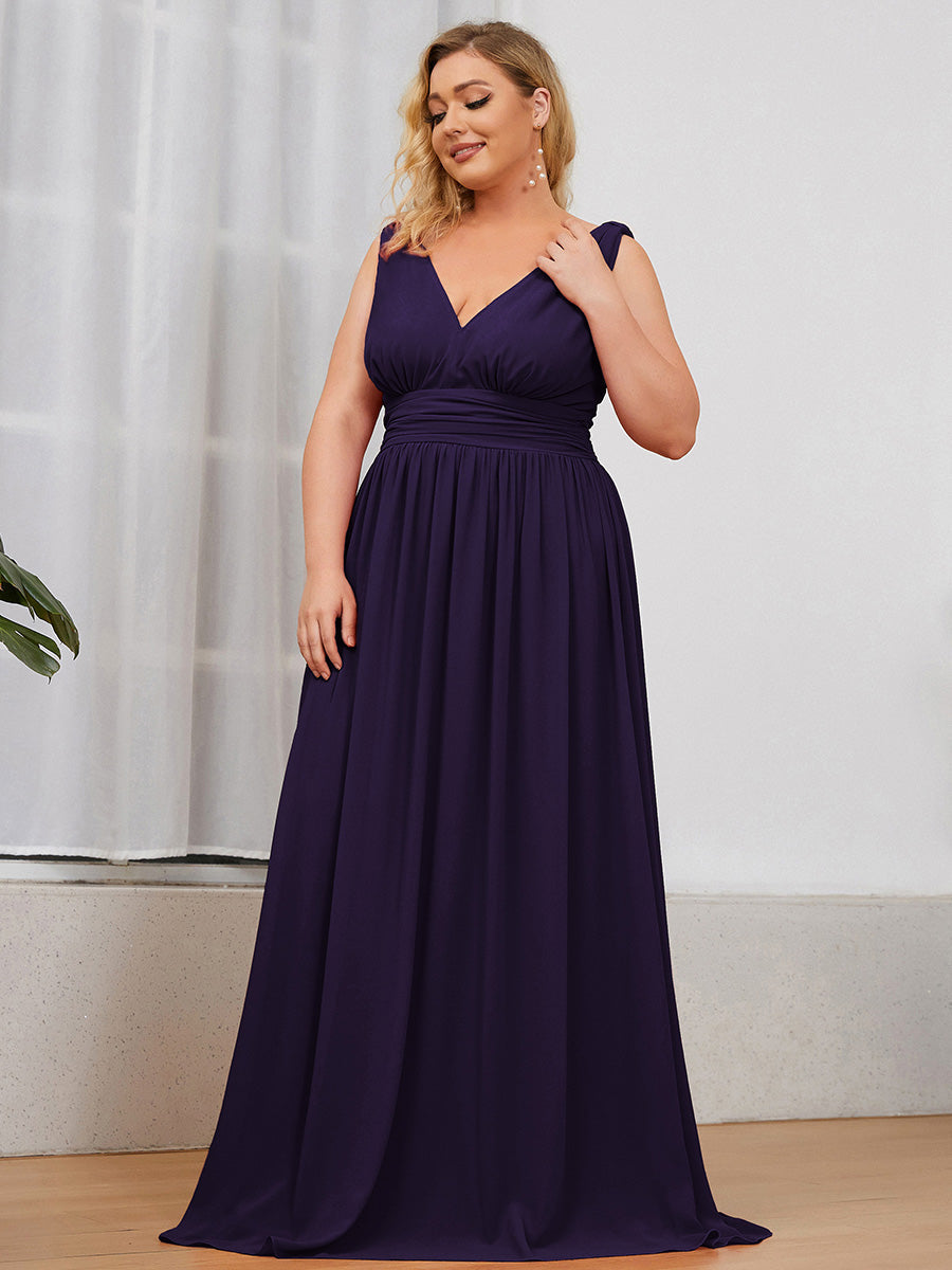 Robe de demoiselle d'honneur en mousseline de soie à col en V grande taille #Couleur_Violet Fonce