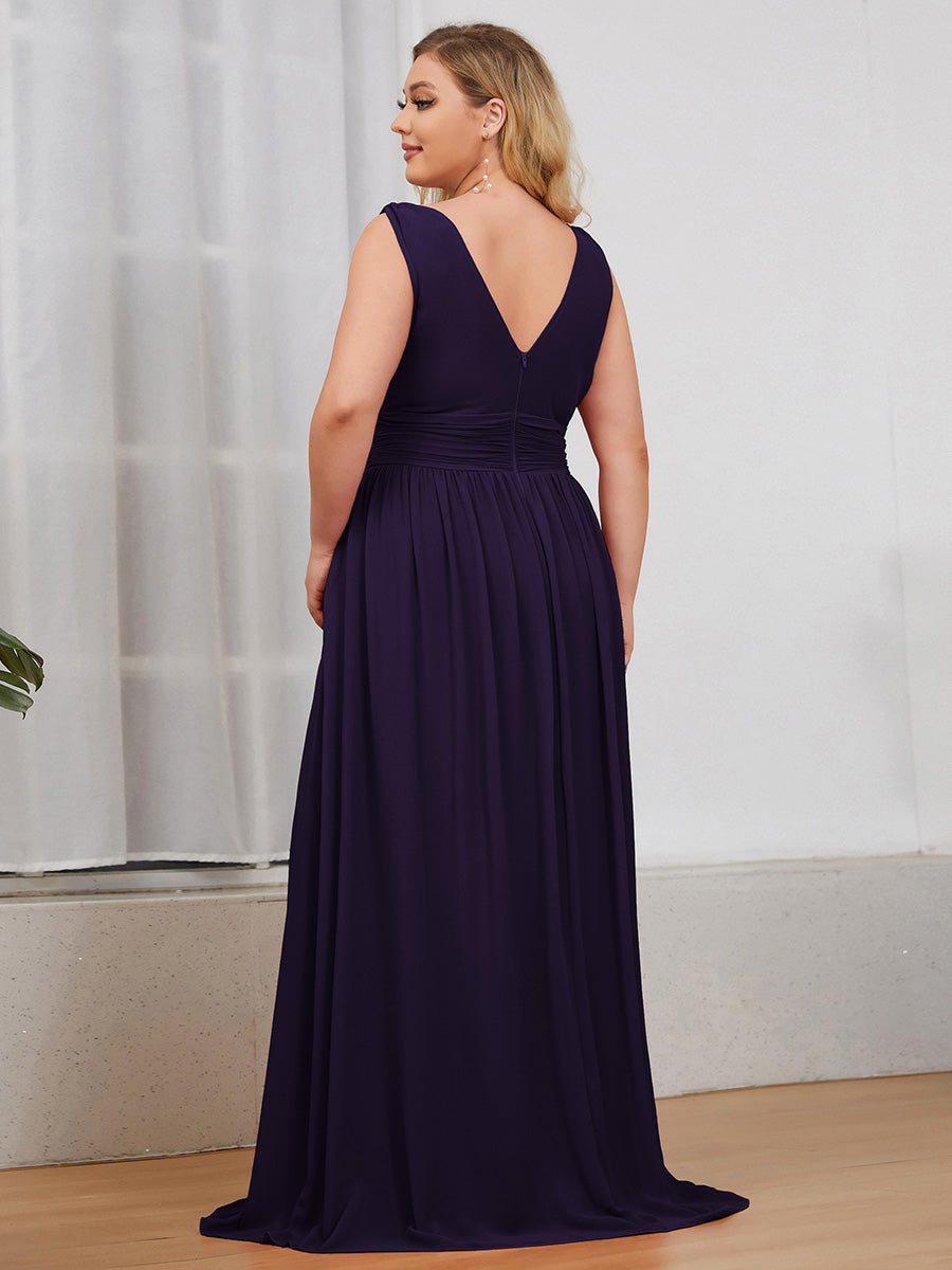 Col V sans manches plissé chiffon robe de soirée #Couleur_Violet Fonce