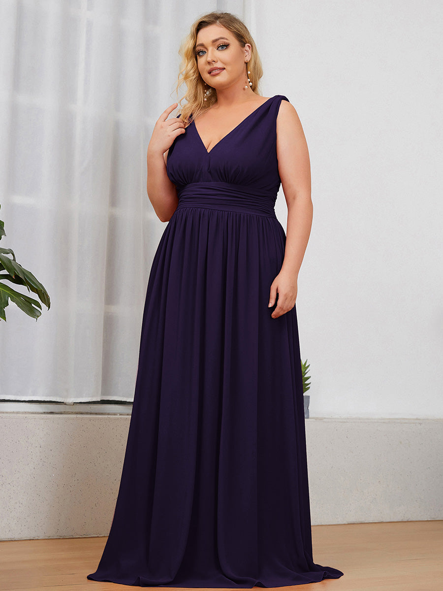 Col V sans manches plissé chiffon robe de soirée #Couleur_Violet Fonce