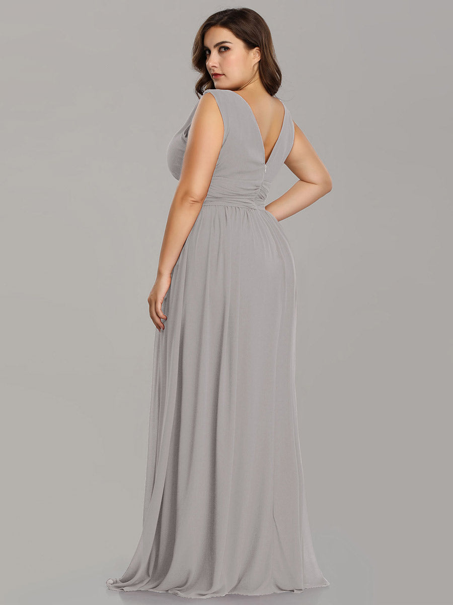 Col V sans manches plissé chiffon robe de soirée #Couleur_Gris