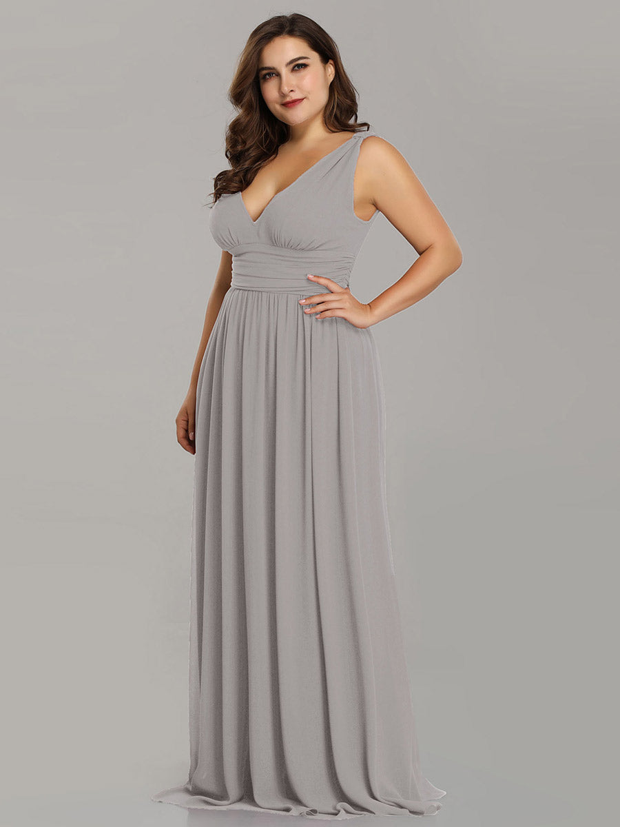 Col V sans manches plissé chiffon robe de soirée #Couleur_Gris