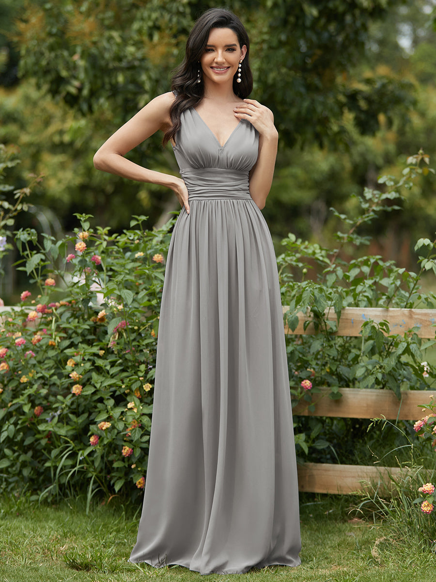 Col V sans manches plissé chiffon robe de soirée #Couleur_Gris