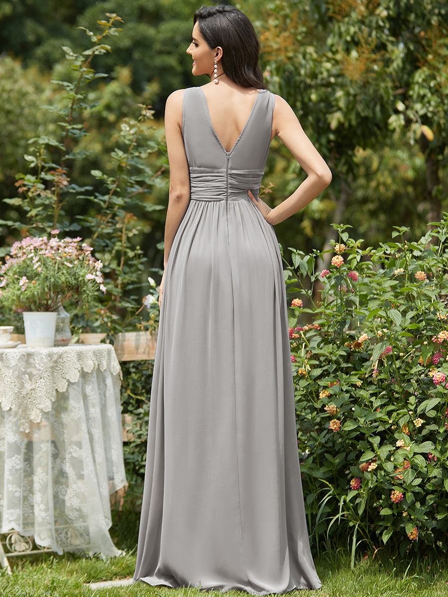 Col V sans manches plissé chiffon robe de soirée #Couleur_Gris