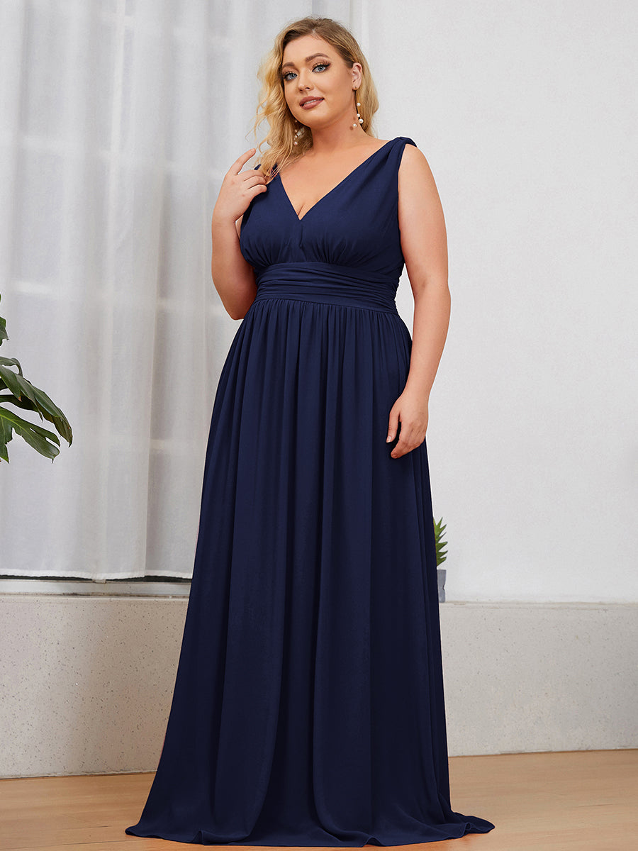 Col V sans manches plissé chiffon robe de soirée #Couleur_Bleu Marine