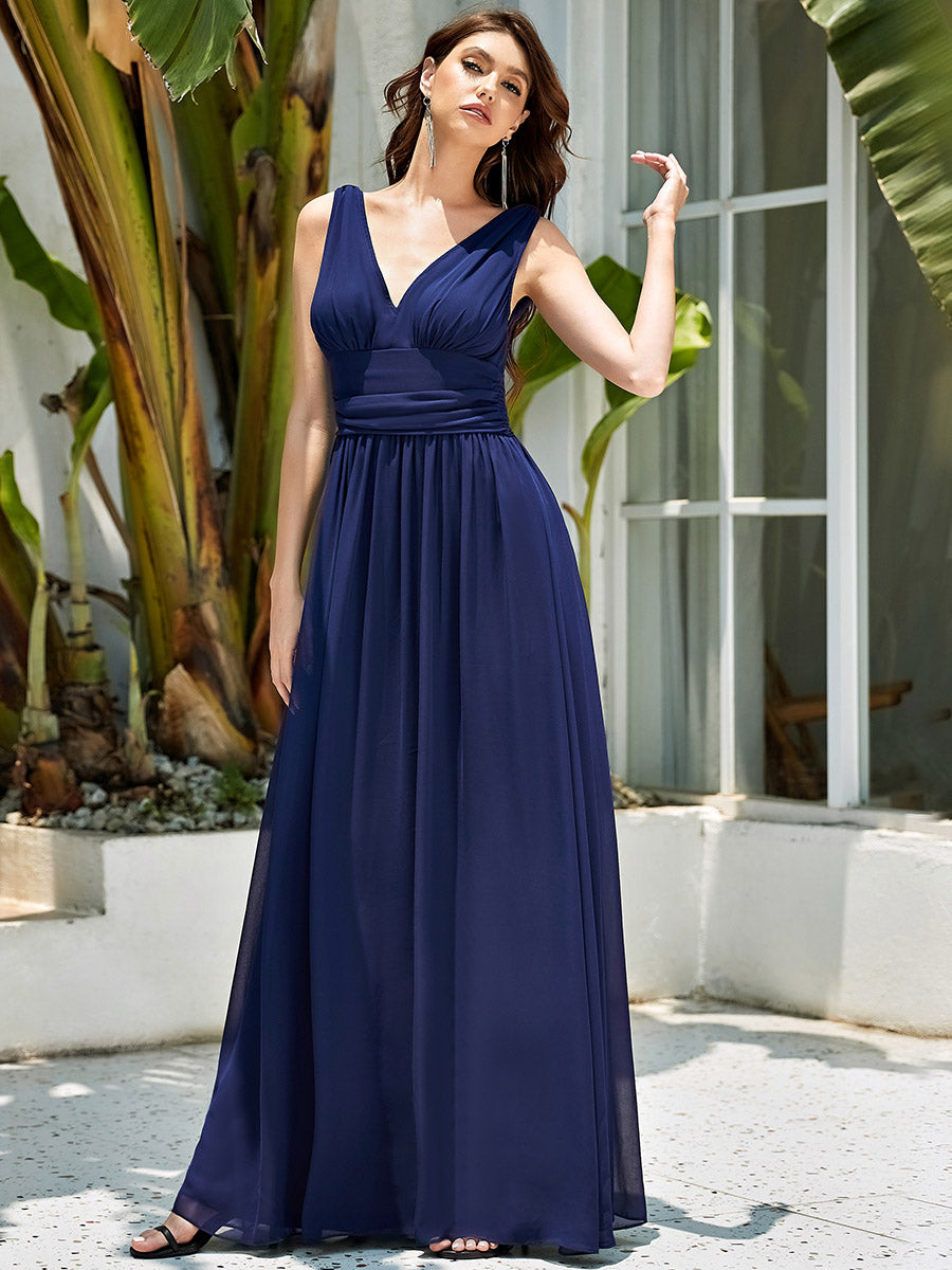 Col V sans manches plissé chiffon robe de soirée #Couleur_Bleu Marine