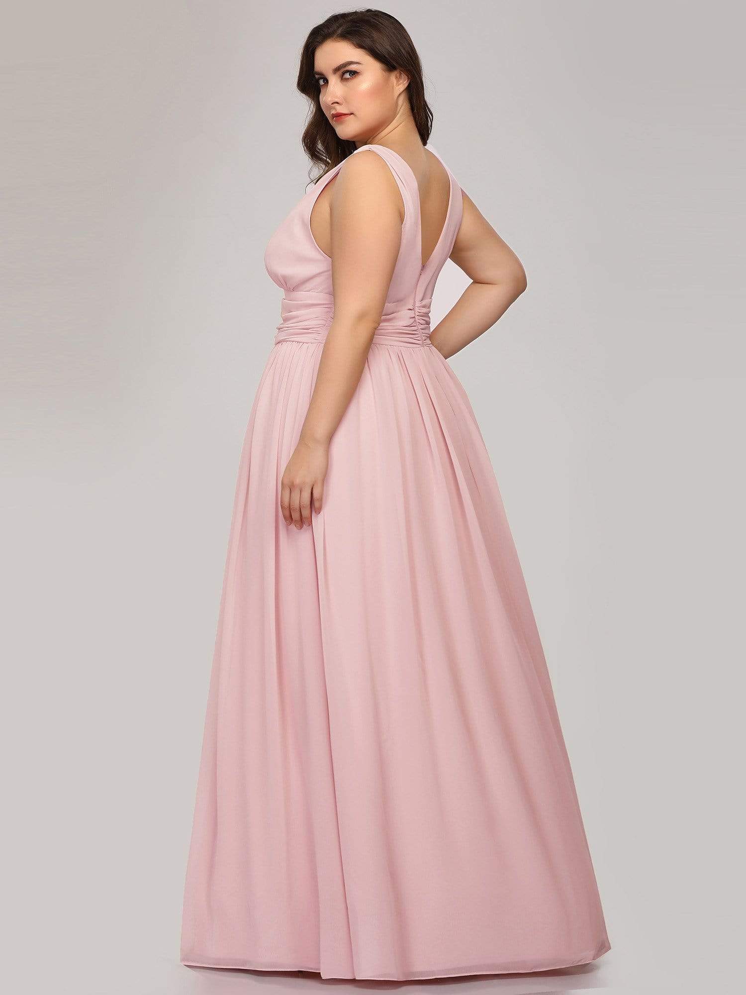 Robe de demoiselle d'honneur en mousseline de soie à col en V grande taille #Couleur_Rose