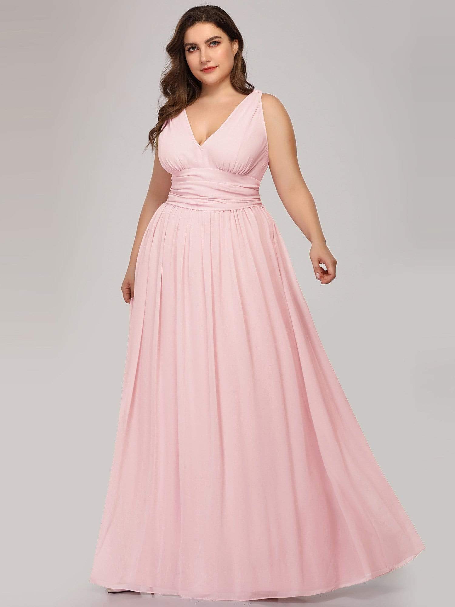 Robe de demoiselle d'honneur en mousseline de soie à col en V grande taille #Couleur_Rose