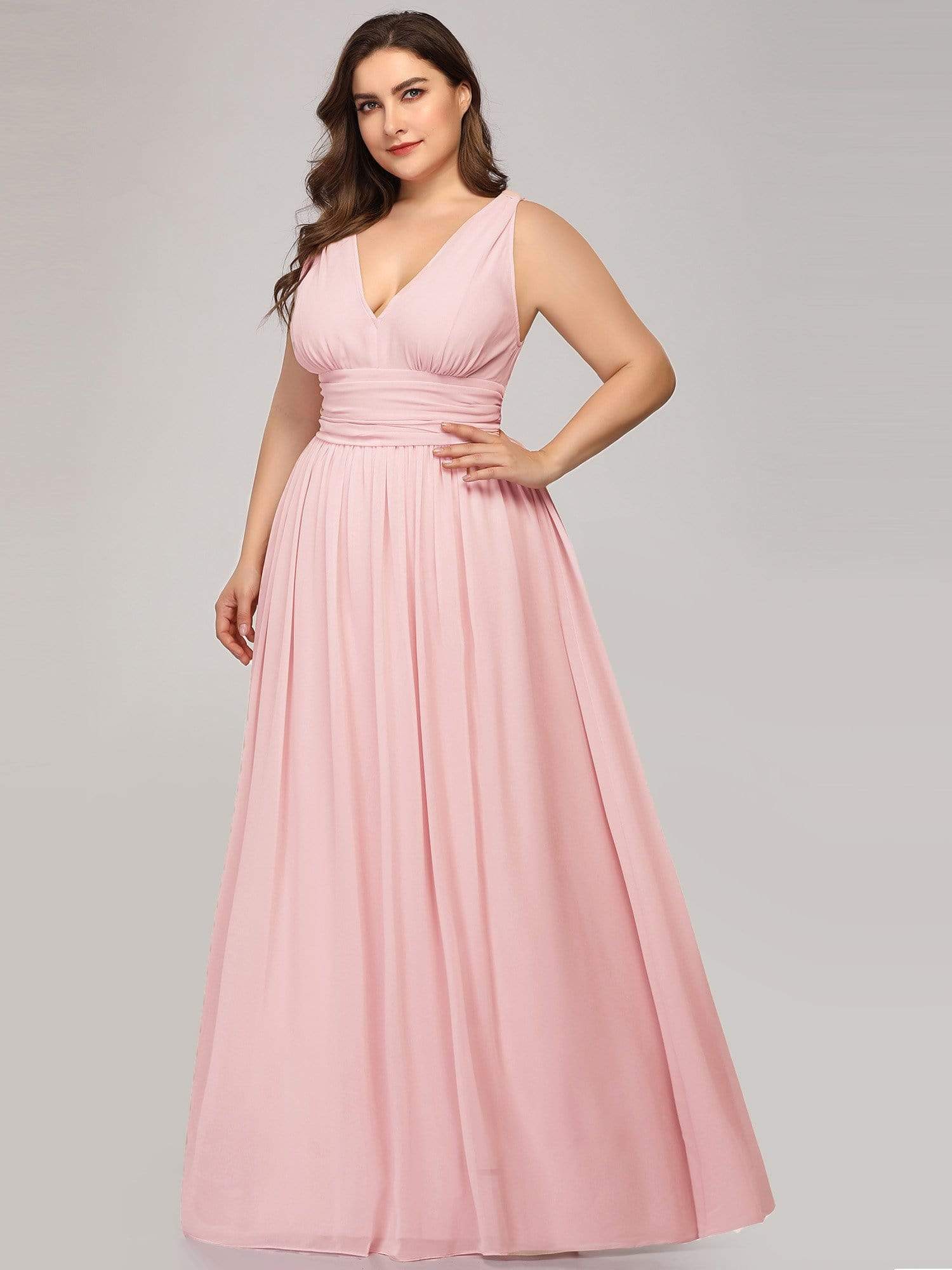 Robe de demoiselle d'honneur en mousseline de soie à col en V grande taille #Couleur_Rose