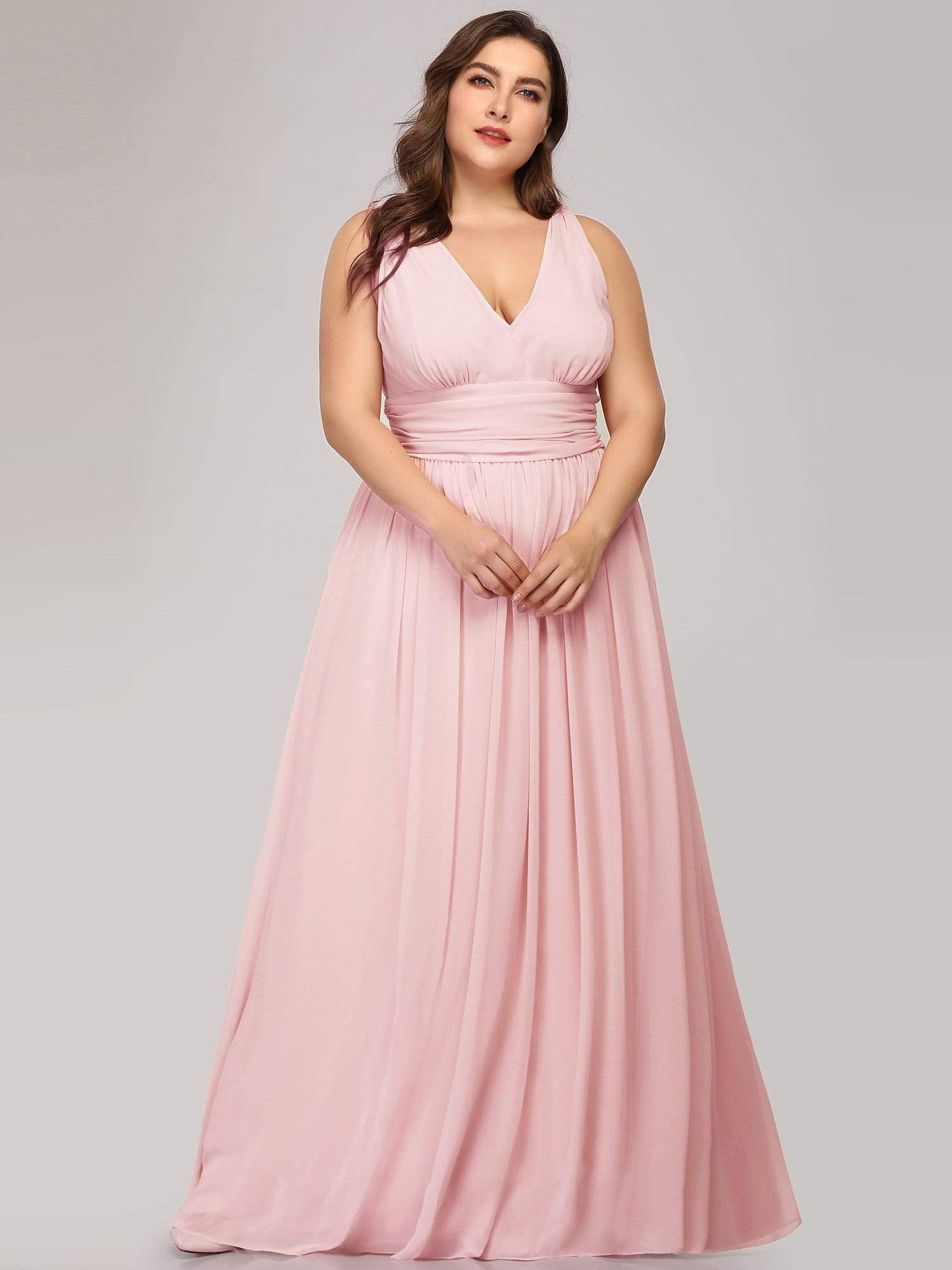 Robe de demoiselle d'honneur en mousseline de soie à col en V grande taille #Couleur_Rose