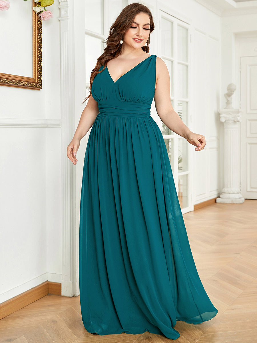 Robe de demoiselle d'honneur en mousseline de soie à col en V grande taille #Couleur_Bleu Sarcelle