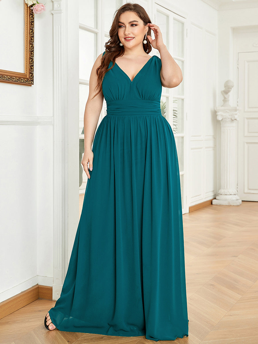 Robe de demoiselle d'honneur en mousseline de soie à col en V grande taille #Couleur_Bleu Sarcelle