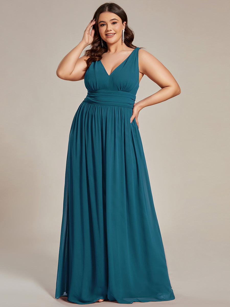 Col V sans manches plissé chiffon robe de soirée #Couleur_Bleu Sarcelle