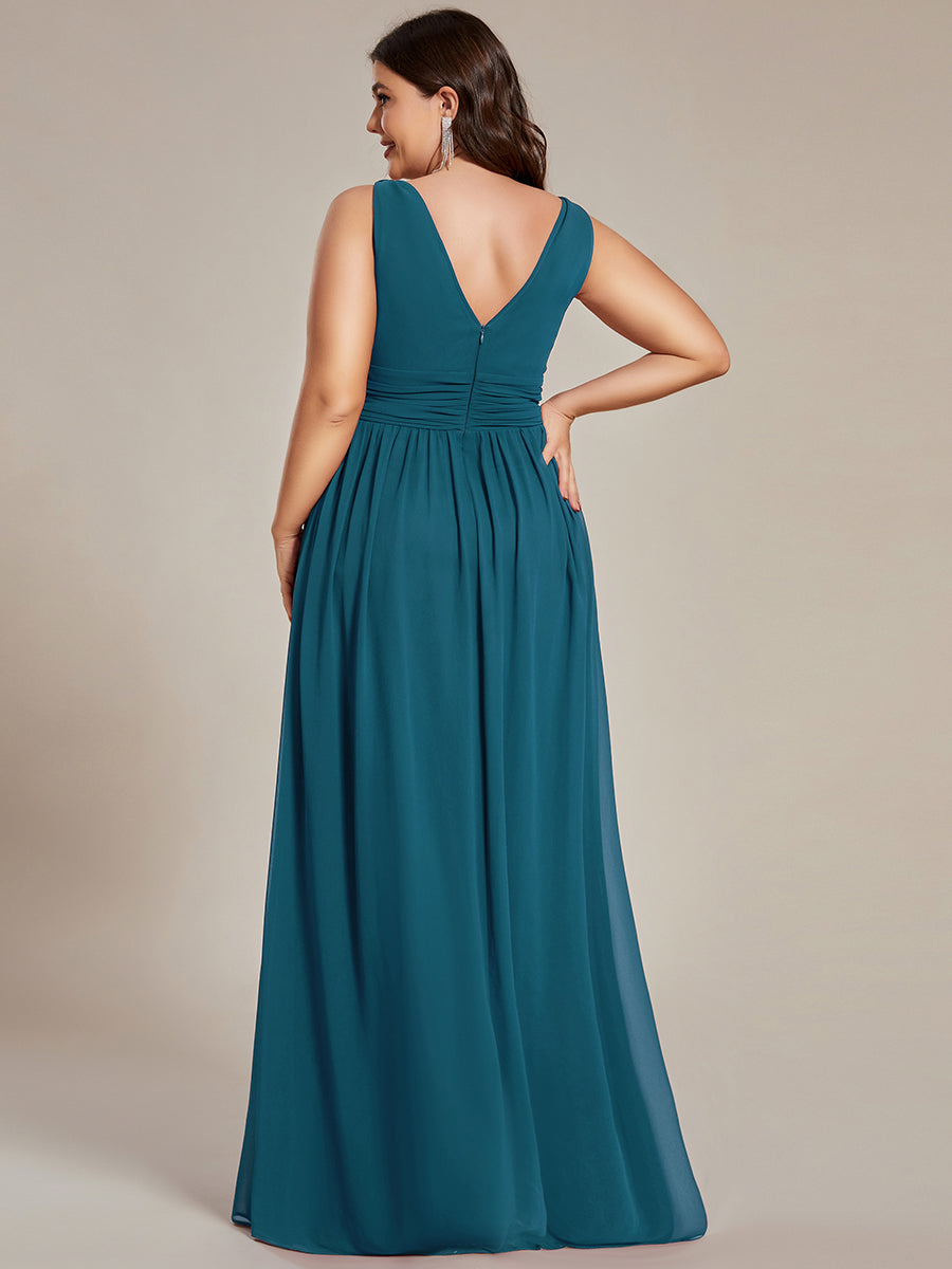 Col V sans manches plissé chiffon robe de soirée #Couleur_Bleu Sarcelle