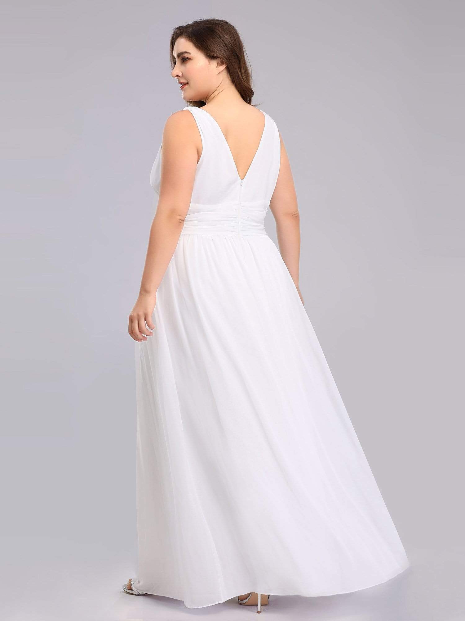 Robe de demoiselle d'honneur en mousseline de soie à col en V grande taille #Couleur_Blanc