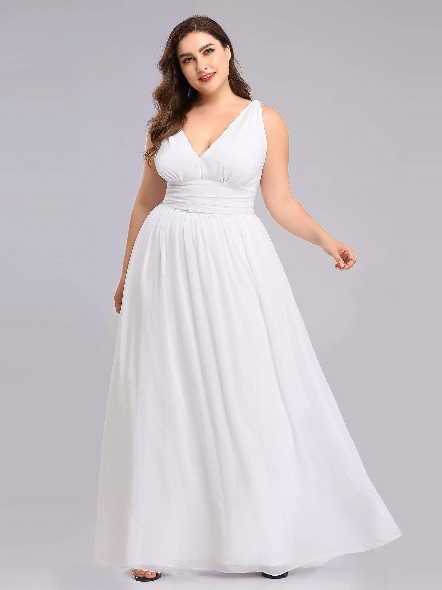 Robe de demoiselle d'honneur en mousseline de soie à col en V grande taille #Couleur_Blanc