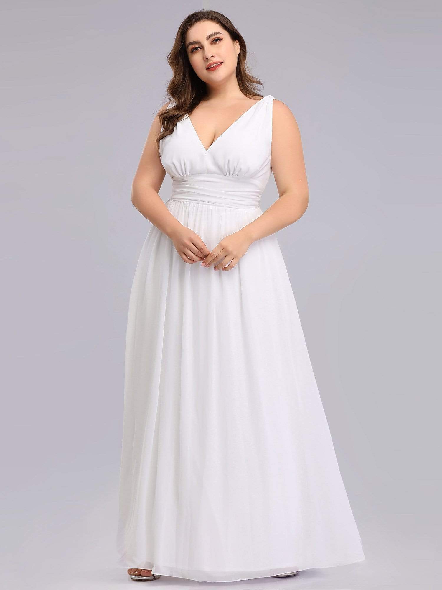 Robe de demoiselle d'honneur en mousseline de soie à col en V grande taille #Couleur_Blanc