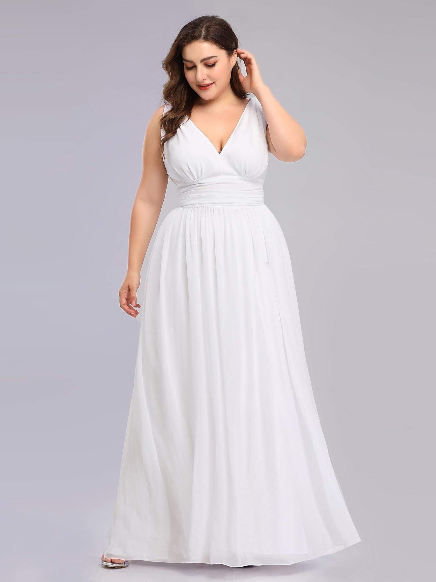 Robe de demoiselle d'honneur en mousseline de soie à col en V grande taille #Couleur_Blanc