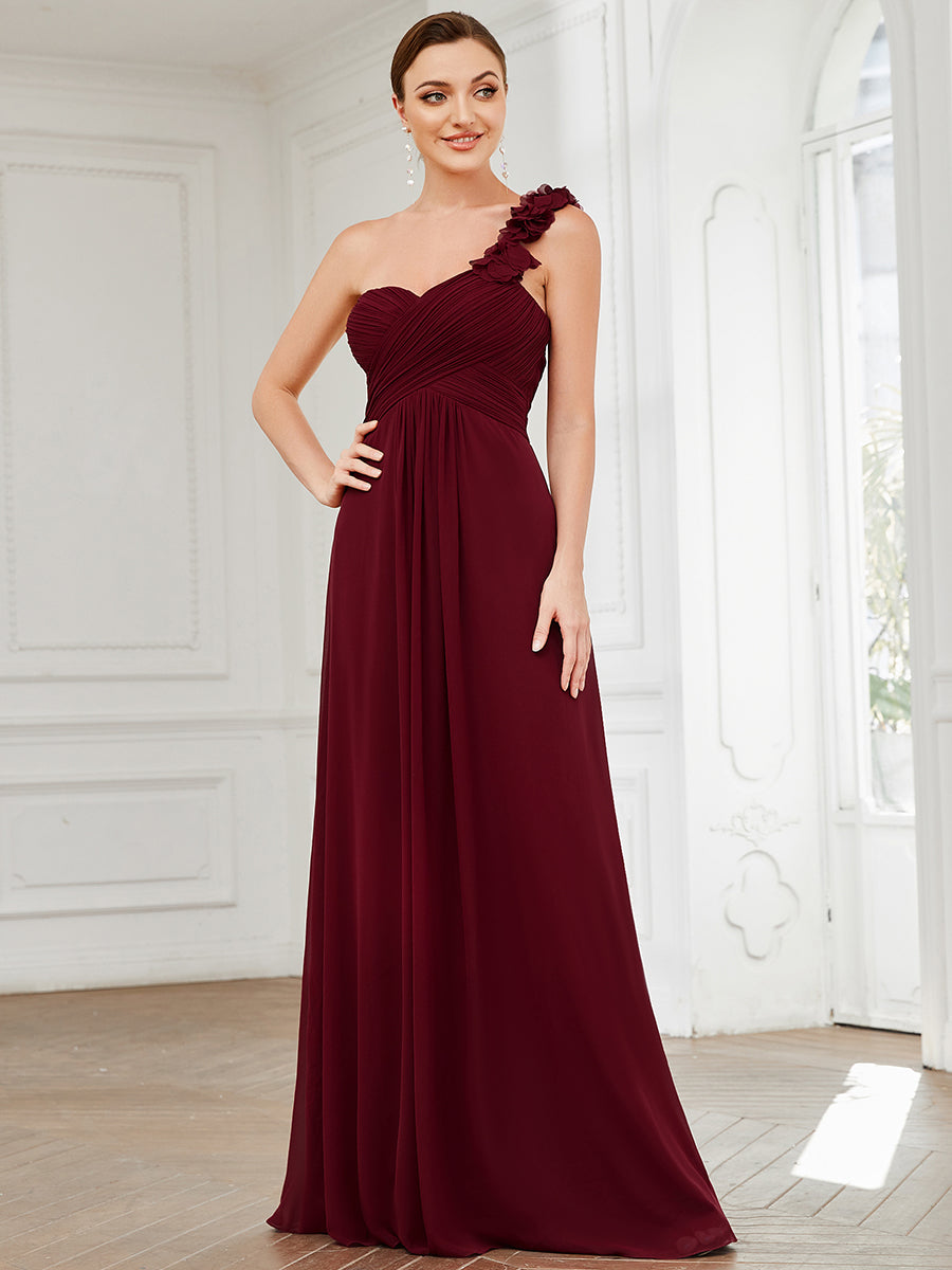 Robe de demoiselle d'honneur longue à une épaule et coupe trapèze #Couleur_Bordeaux