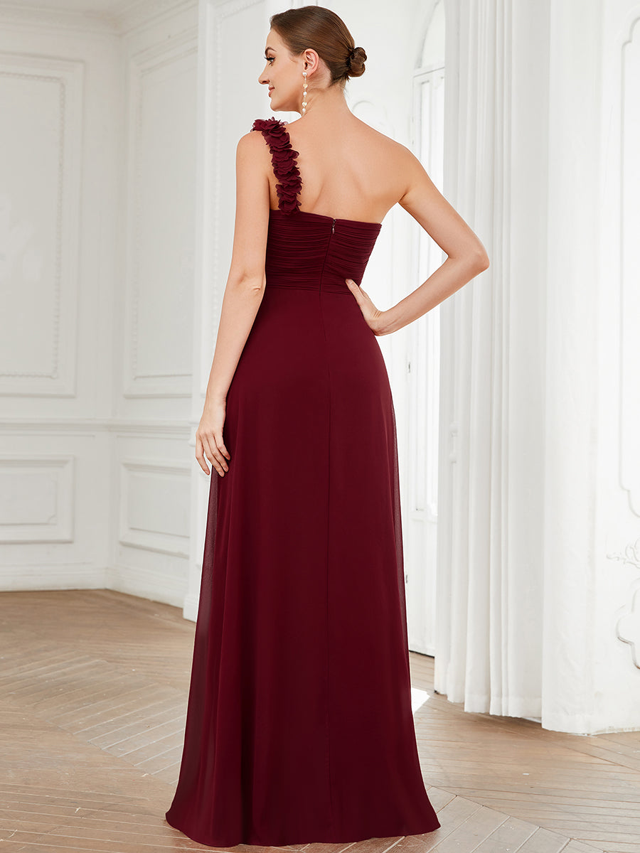 Robe de demoiselle d'honneur longue à une épaule et coupe trapèze #Couleur_Bordeaux