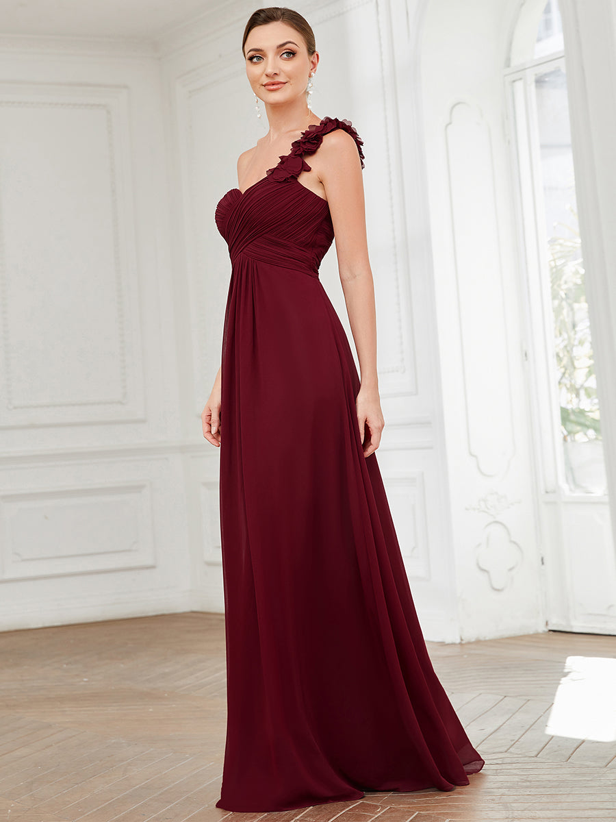 Robe de demoiselle d'honneur longue à une épaule et coupe trapèze #Couleur_Bordeaux