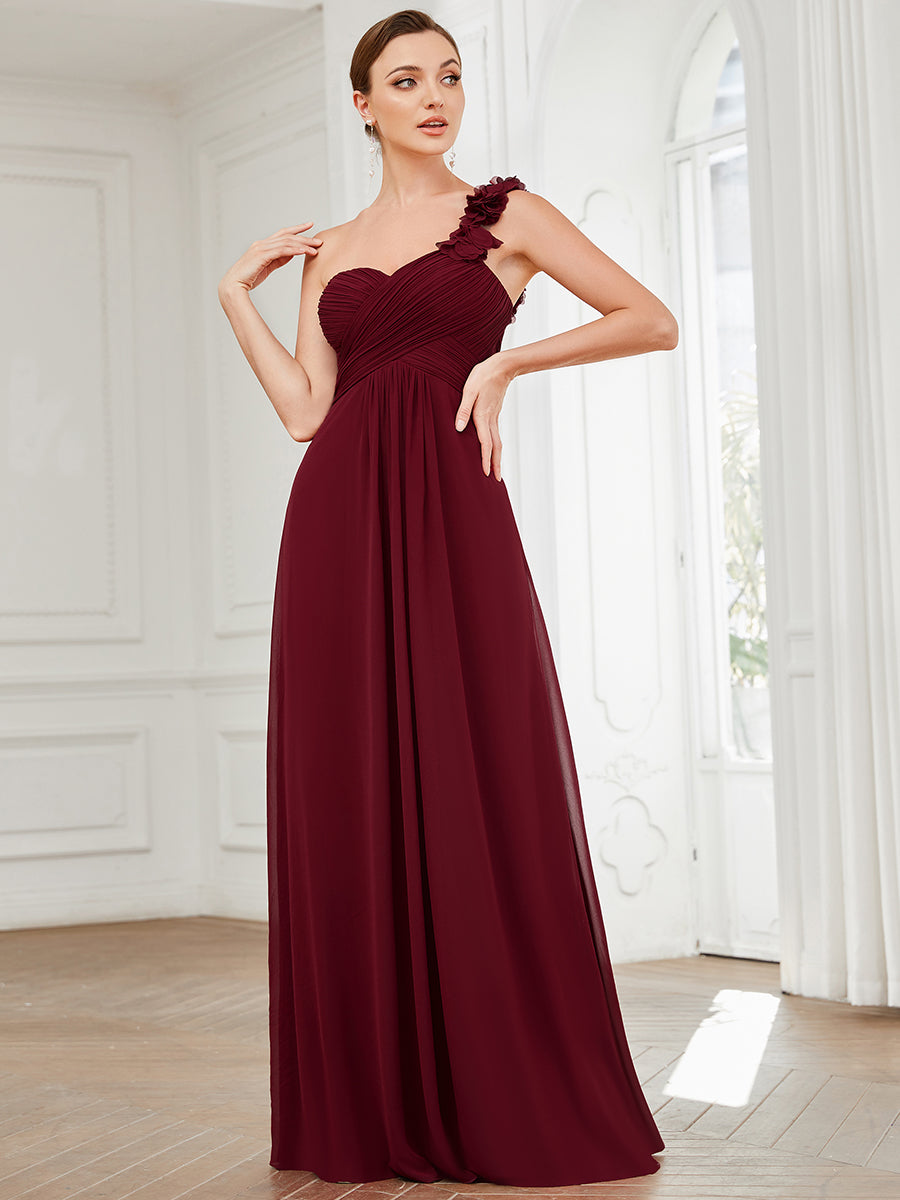 Robe de demoiselle d'honneur longue à une épaule et coupe trapèze #Couleur_Bordeaux