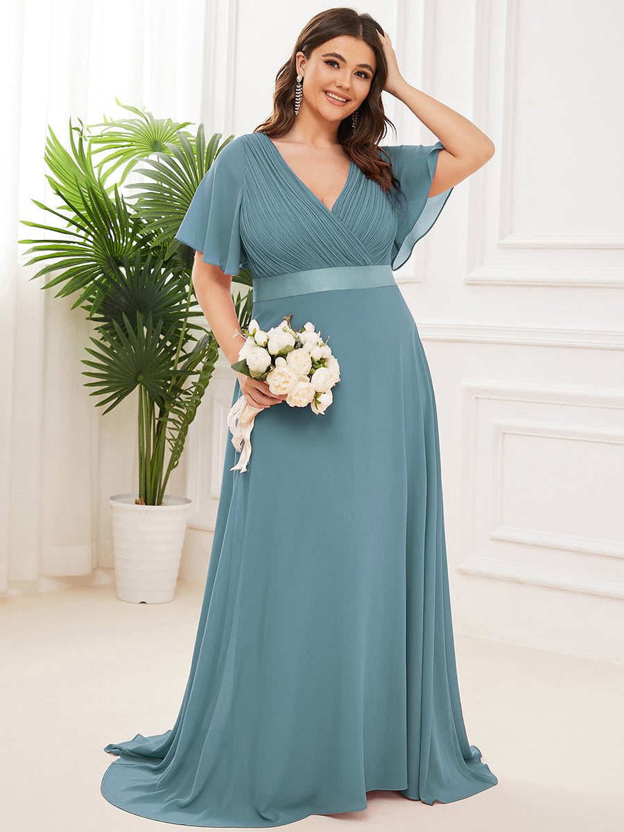 Robe de Soirée Grande Taille Empire avec Manches Flottantes #Couleur_Bleu Fume