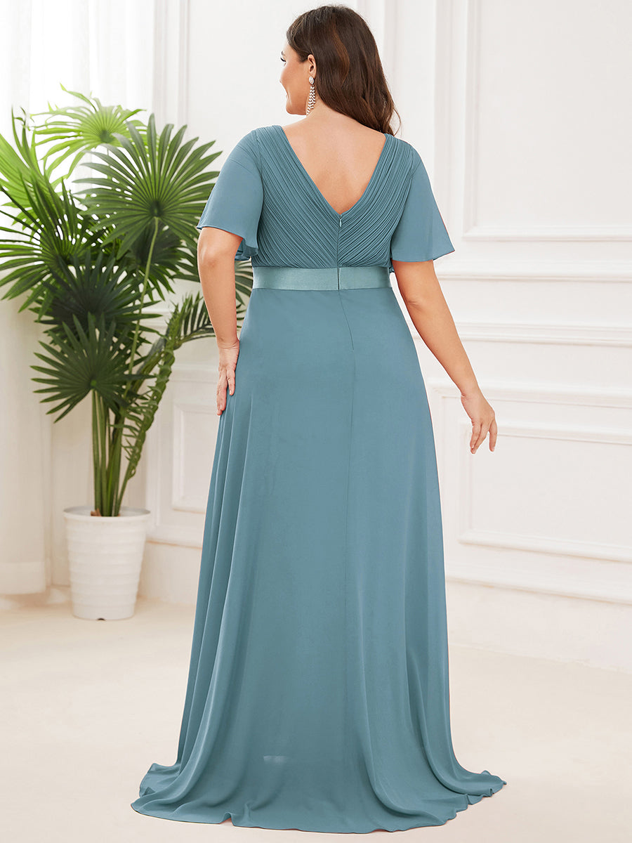 Robe de Soirée Grande Taille Empire avec Manches Flottantes #Couleur_Bleu Fume