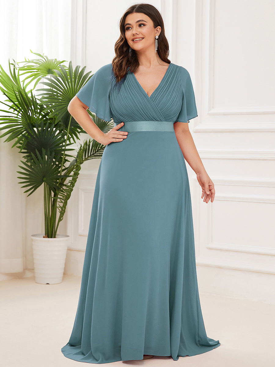 Robe de Soirée Grande Taille Empire avec Manches Flottantes #Couleur_Bleu Fume