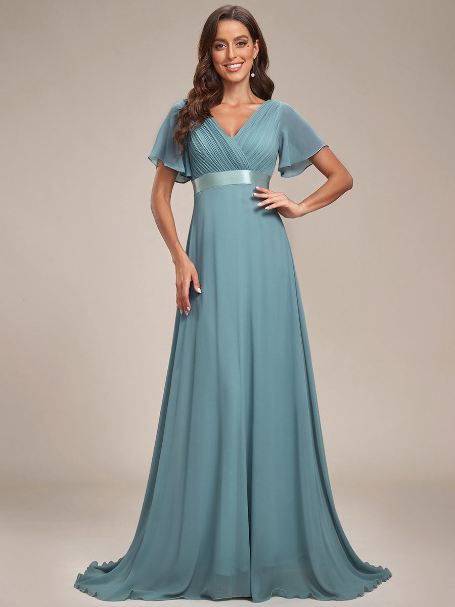 Robe de Soirée élégante en mousseline à taille haute et manches courtes #Couleur_Bleu Fume