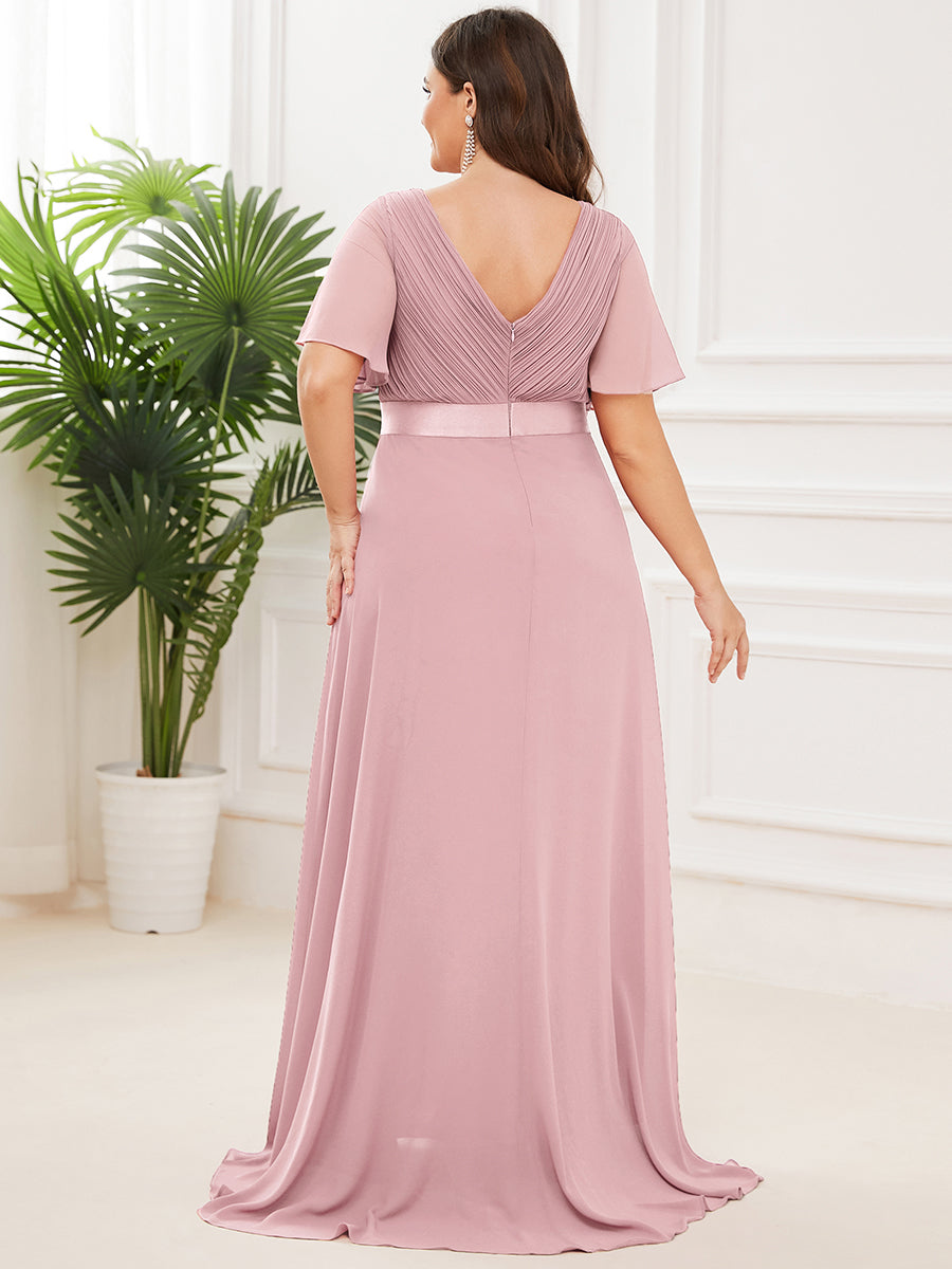 Robe mariage invitée Grande Taille Empire avec Manches Flottantes #Couleur_Rose fumee