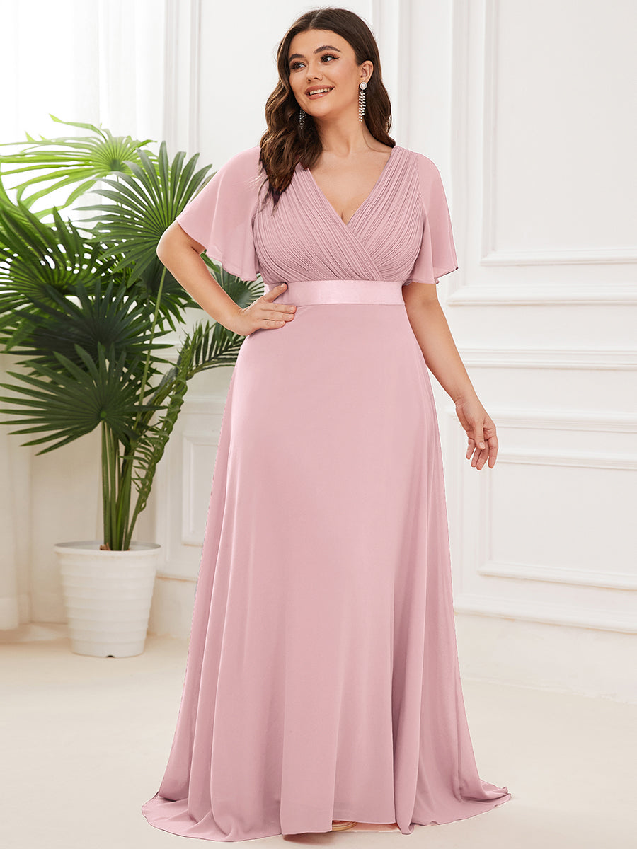 Robe mariage invitée Grande Taille Empire avec Manches Flottantes #Couleur_Rose fumee