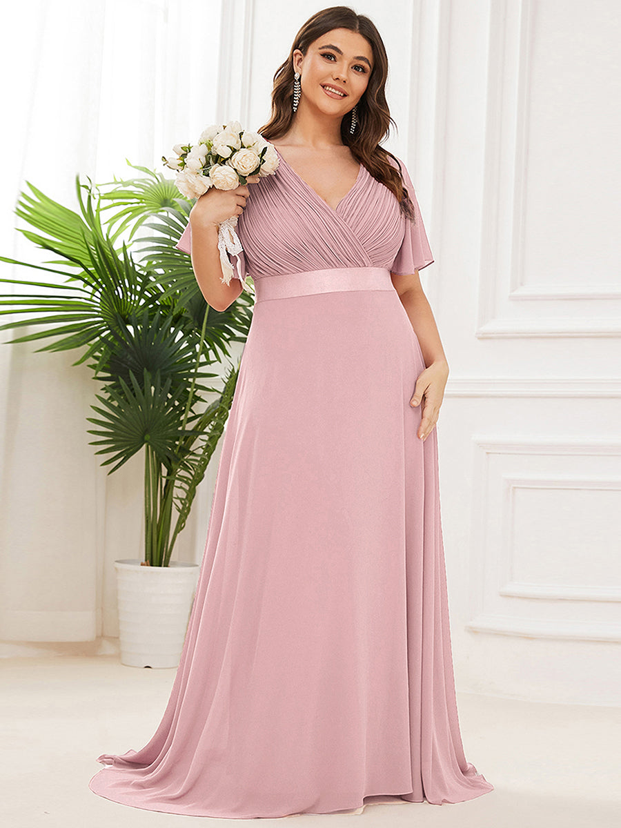 Robe mariage invitée Grande Taille Empire avec Manches Flottantes #Couleur_Rose fumee