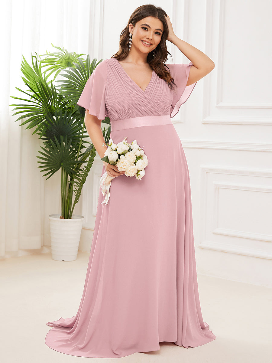 Robe mariage invitée Grande Taille Empire avec Manches Flottantes #Couleur_Rose fumee