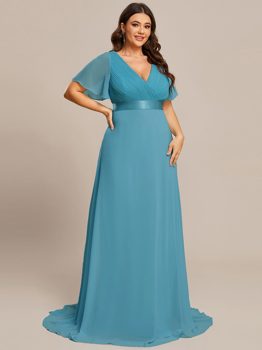 Robe mariage invitée Grande Taille Empire avec Manches Flottantes #Couleur_Bleu Jade