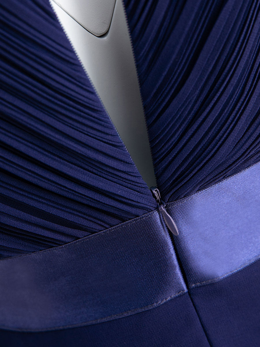 Robe Demoiselle d'Honneur Longue en Mousseline à Col en V #Couleur_Bleu Marine