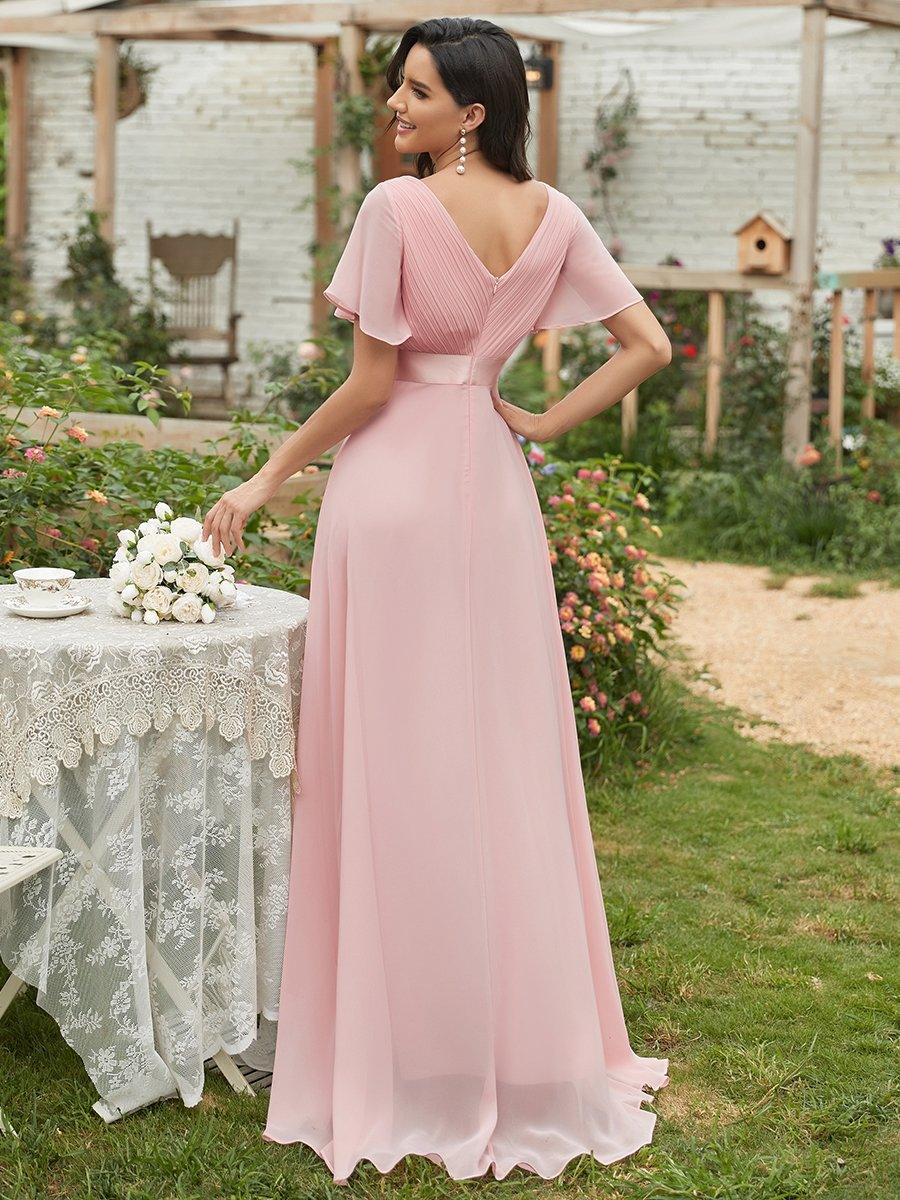 Robe Demoiselle d'Honneur Longue en Mousseline à Col en V #Couleur_Rose