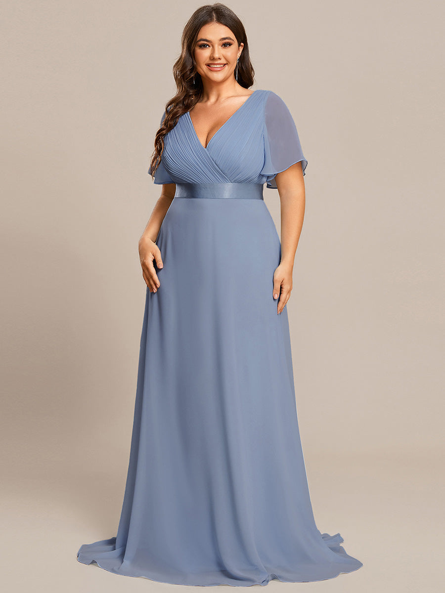 Robe mariage invitée Grande Taille Empire avec Manches Flottantes #Couleur_Bleu Ardoise