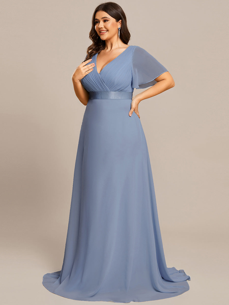 Robe mariage invitée Grande Taille Empire avec Manches Flottantes #Couleur_Bleu Ardoise