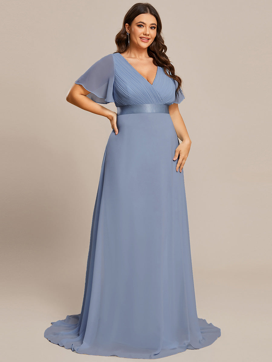 Robe mariage invitée Grande Taille Empire avec Manches Flottantes #Couleur_Bleu Ardoise