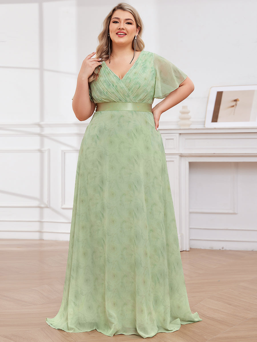 Robe mariage invitée Grande Taille Empire avec Manches Flottantes #Couleur_Roses Vert Clair