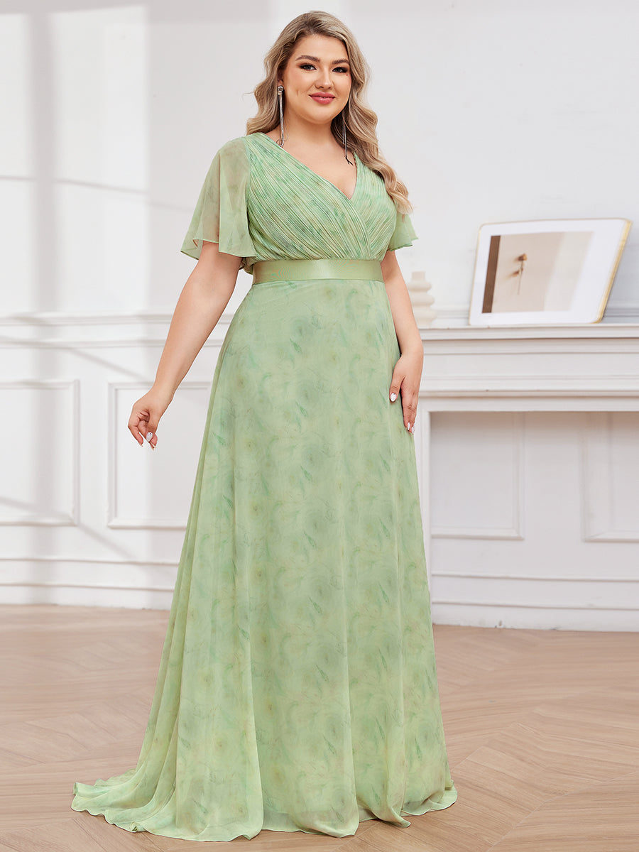 Robe mariage invitée Grande Taille Empire avec Manches Flottantes #Couleur_Roses Vert Clair