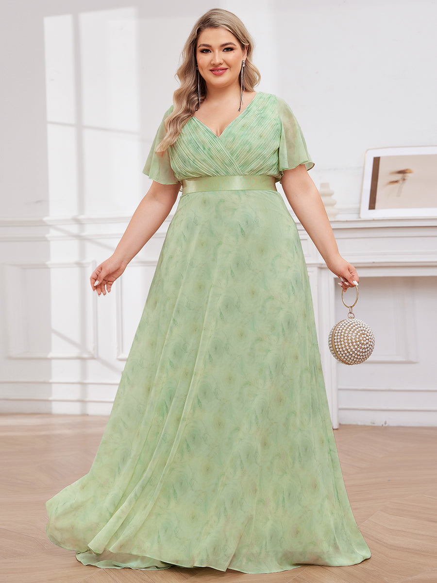 Robe mariage invitée Grande Taille Empire avec Manches Flottantes #Couleur_Roses Vert Clair