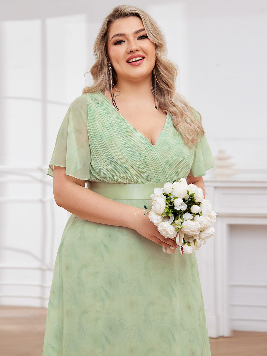 Robe mariage invitée Grande Taille Empire avec Manches Flottantes #Couleur_Roses Vert Clair