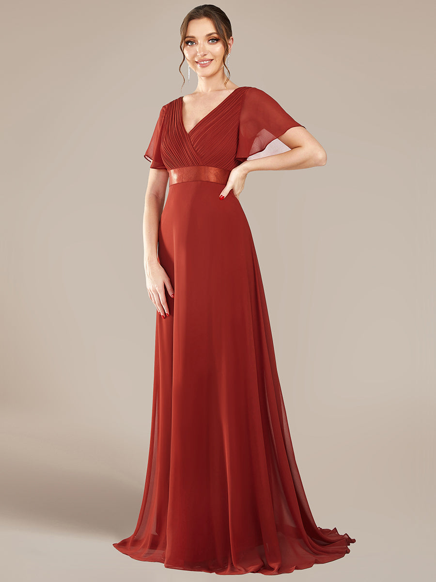 Robe de Soirée élégante en mousseline à taille haute et manches courtes #Couleur_Vermillon