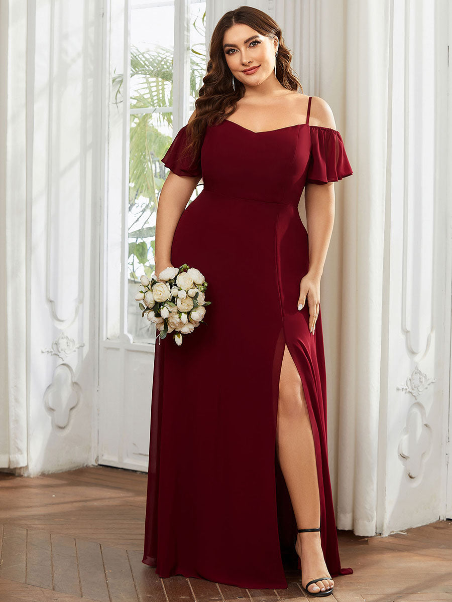 Robe de soirée à épaules dénudées et encolure en V taille Plus fente latérale #Couleur_Bordeaux