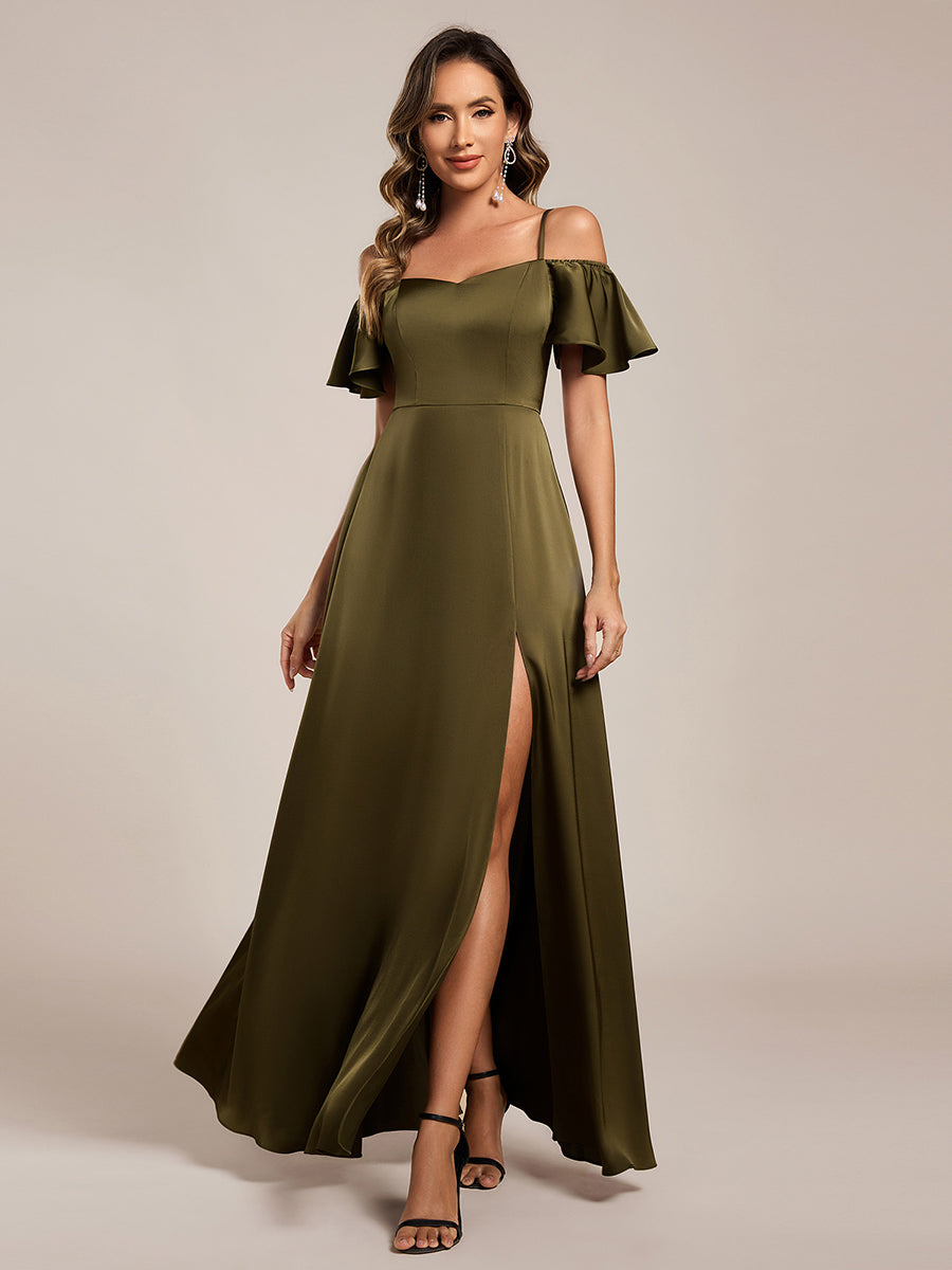 Robe de demoiselle d'honneur en satin à manches courtes et épaules dénudées #Couleur_Vert Olive