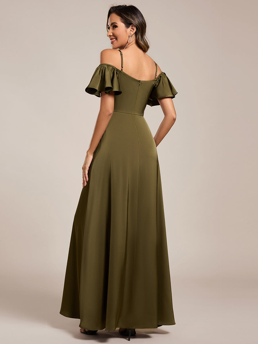 Robe de demoiselle d'honneur en satin à manches courtes et épaules dénudées #Couleur_Vert Olive