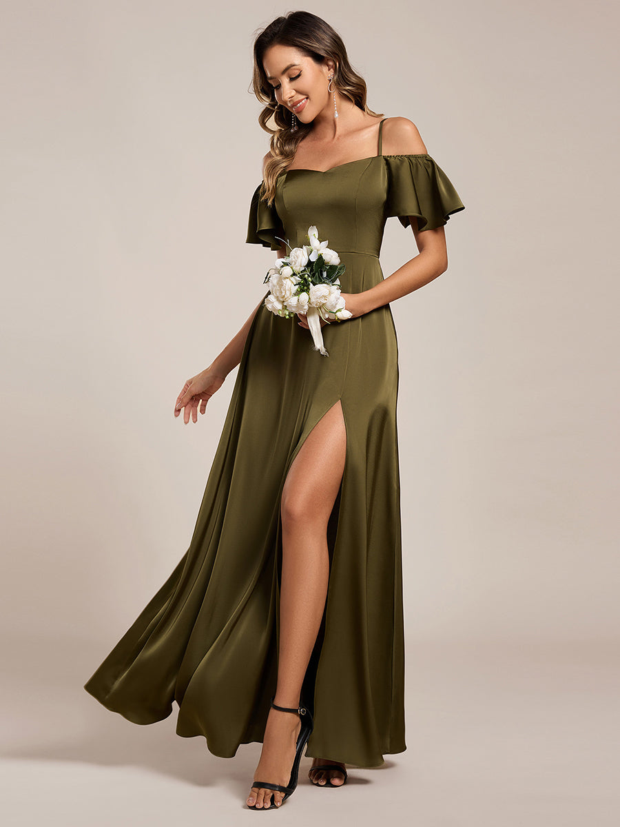 Robe de demoiselle d'honneur en satin à manches courtes et épaules dénudées #Couleur_Vert Olive