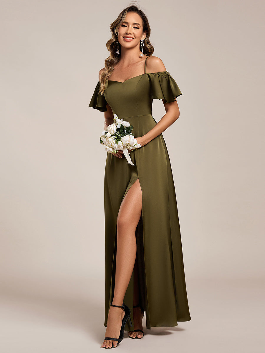 Robe de demoiselle d'honneur en satin à manches courtes et épaules dénudées #Couleur_Vert Olive