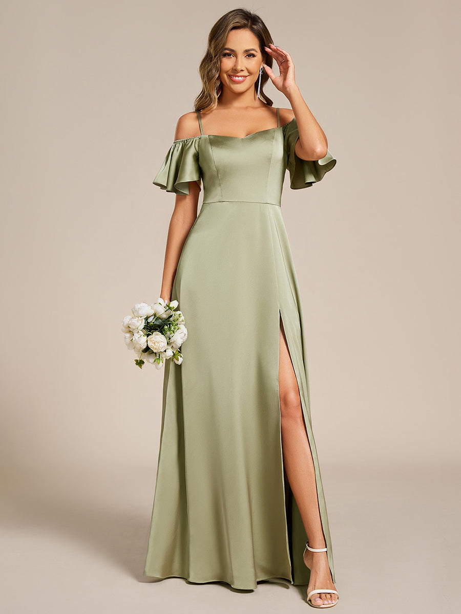 Robe de demoiselle d'honneur en satin à manches courtes et épaules dénudées #Couleur_Vert sauge